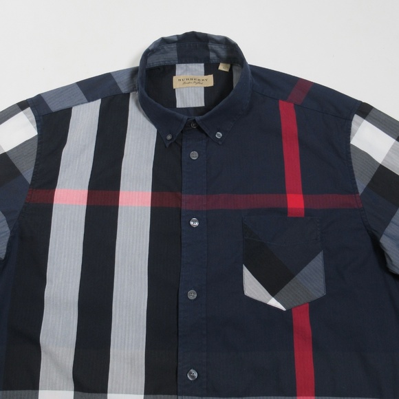Burberry Men's Check Cotton Short Sleeve Shirt Navy Size XL - Picture 2 of 12
